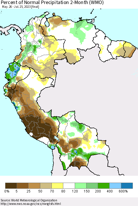 Northern South America Percent of Normal Precipitation 2-Month (WMO) Thematic Map For 5/26/2023 - 7/25/2023