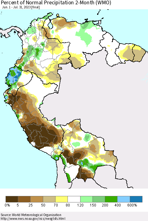 Northern South America Percent of Normal Precipitation 2-Month (WMO) Thematic Map For 6/1/2023 - 7/31/2023