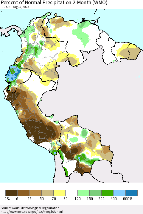 Northern South America Percent of Normal Precipitation 2-Month (WMO) Thematic Map For 6/6/2023 - 8/5/2023