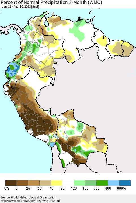 Northern South America Percent of Normal Precipitation 2-Month (WMO) Thematic Map For 6/11/2023 - 8/10/2023