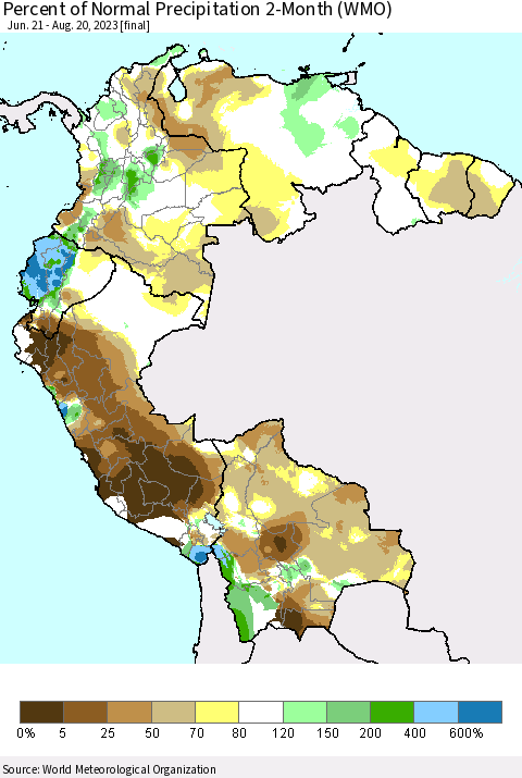 Northern South America Percent of Normal Precipitation 2-Month (WMO) Thematic Map For 6/21/2023 - 8/20/2023
