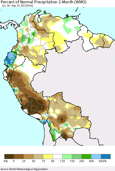 Northern South America Percent of Normal Precipitation 2-Month (WMO) Thematic Map For 6/26/2023 - 8/25/2023