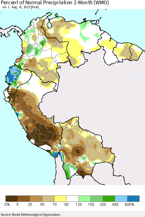 Northern South America Percent of Normal Precipitation 2-Month (WMO) Thematic Map For 7/1/2023 - 8/31/2023