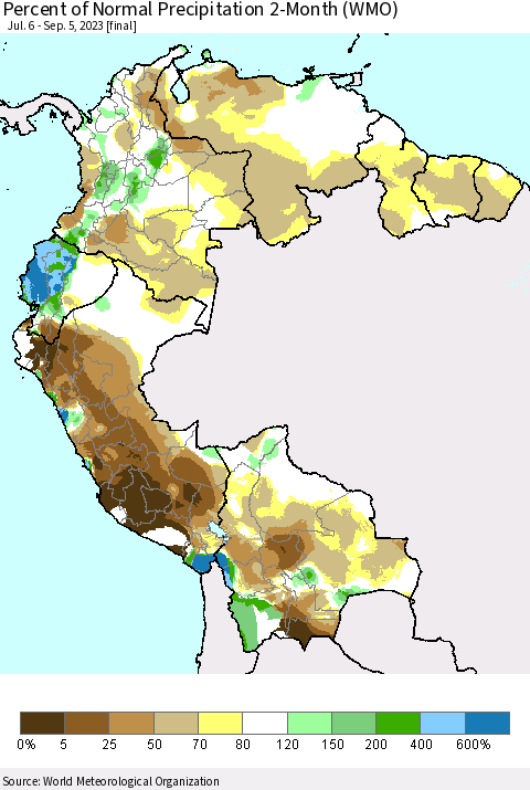 Northern South America Percent of Normal Precipitation 2-Month (WMO) Thematic Map For 7/6/2023 - 9/5/2023