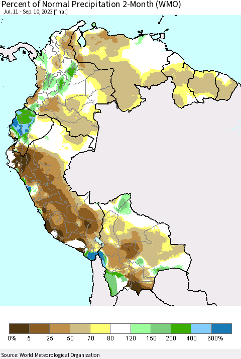 Northern South America Percent of Normal Precipitation 2-Month (WMO) Thematic Map For 7/11/2023 - 9/10/2023