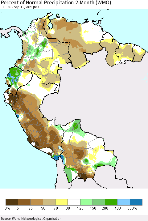 Northern South America Percent of Normal Precipitation 2-Month (WMO) Thematic Map For 7/16/2023 - 9/15/2023
