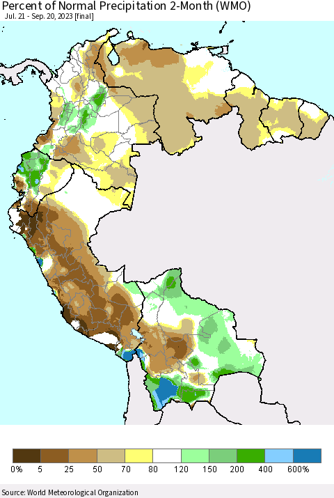 Northern South America Percent of Normal Precipitation 2-Month (WMO) Thematic Map For 7/21/2023 - 9/20/2023