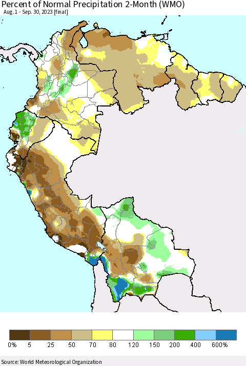 Northern South America Percent of Normal Precipitation 2-Month (WMO) Thematic Map For 8/1/2023 - 9/30/2023