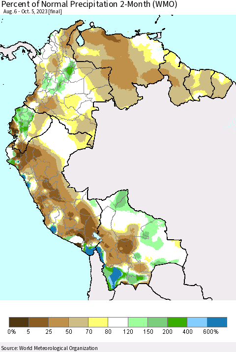 Northern South America Percent of Normal Precipitation 2-Month (WMO) Thematic Map For 8/6/2023 - 10/5/2023