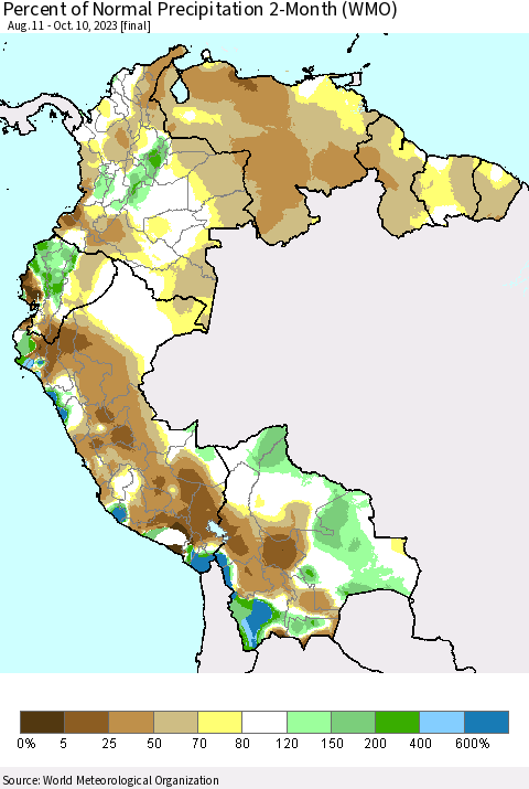 Northern South America Percent of Normal Precipitation 2-Month (WMO) Thematic Map For 8/11/2023 - 10/10/2023