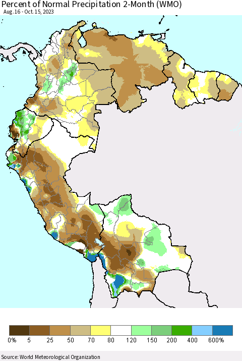 Northern South America Percent of Normal Precipitation 2-Month (WMO) Thematic Map For 8/16/2023 - 10/15/2023