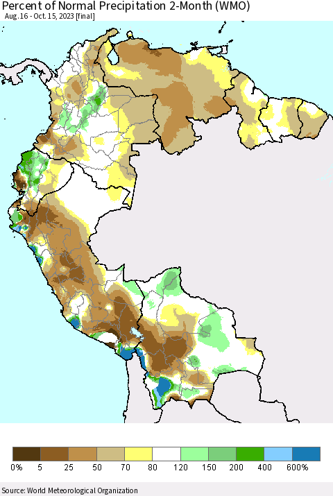 Northern South America Percent of Normal Precipitation 2-Month (WMO) Thematic Map For 8/16/2023 - 10/15/2023