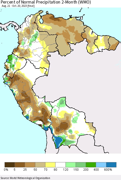 Northern South America Percent of Normal Precipitation 2-Month (WMO) Thematic Map For 8/21/2023 - 10/20/2023