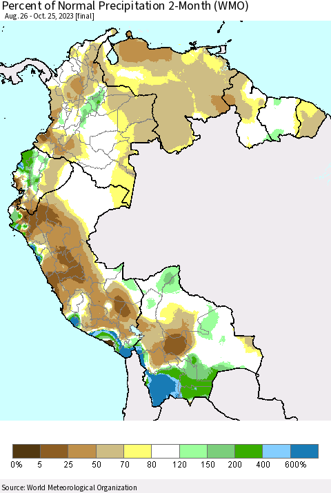 Northern South America Percent of Normal Precipitation 2-Month (WMO) Thematic Map For 8/26/2023 - 10/25/2023
