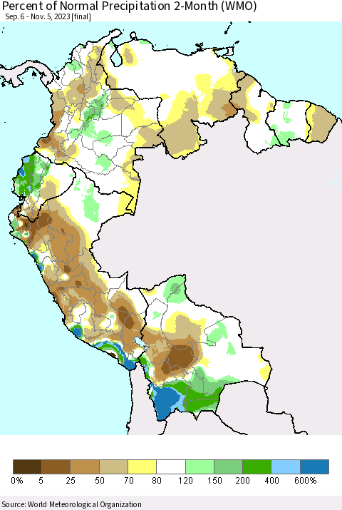 Northern South America Percent of Normal Precipitation 2-Month (WMO) Thematic Map For 9/6/2023 - 11/5/2023