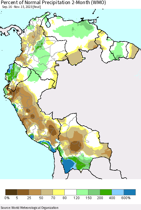 Northern South America Percent of Normal Precipitation 2-Month (WMO) Thematic Map For 9/16/2023 - 11/15/2023