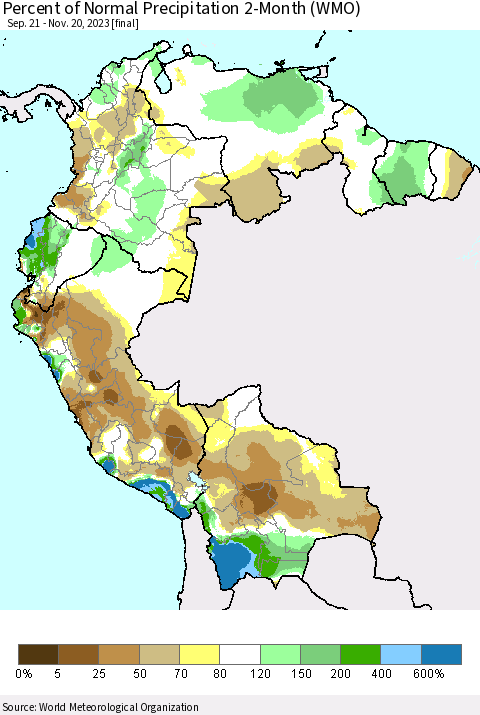 Northern South America Percent of Normal Precipitation 2-Month (WMO) Thematic Map For 9/21/2023 - 11/20/2023