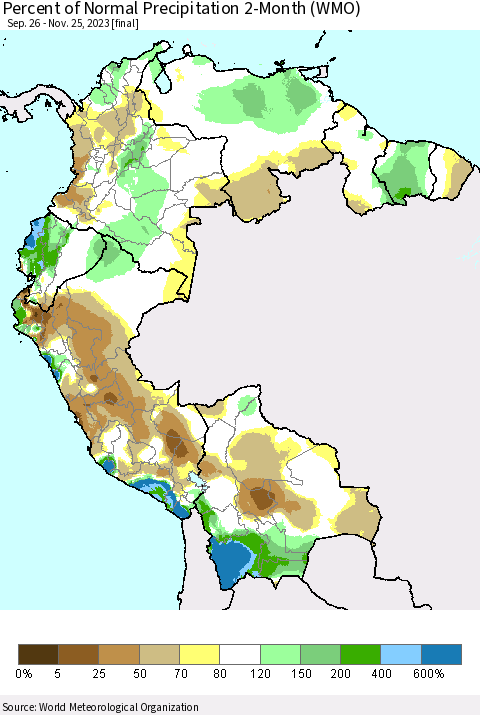 Northern South America Percent of Normal Precipitation 2-Month (WMO) Thematic Map For 9/26/2023 - 11/25/2023