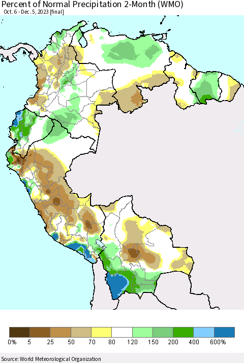 Northern South America Percent of Normal Precipitation 2-Month (WMO) Thematic Map For 10/6/2023 - 12/5/2023