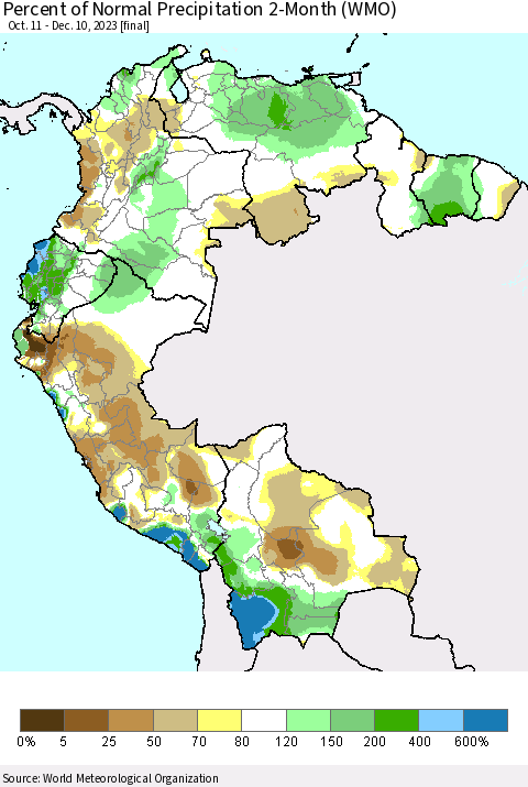 Northern South America Percent of Normal Precipitation 2-Month (WMO) Thematic Map For 10/11/2023 - 12/10/2023