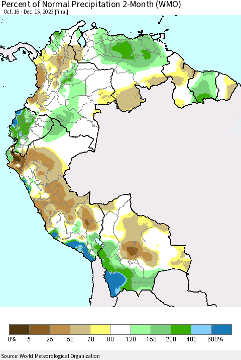 Northern South America Percent of Normal Precipitation 2-Month (WMO) Thematic Map For 10/16/2023 - 12/15/2023