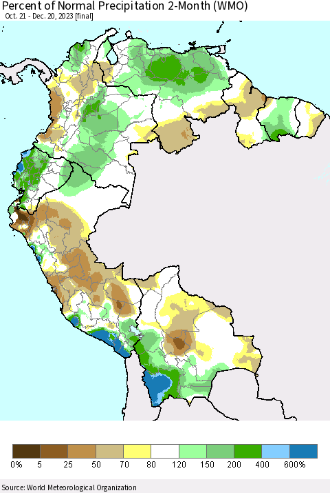 Northern South America Percent of Normal Precipitation 2-Month (WMO) Thematic Map For 10/21/2023 - 12/20/2023