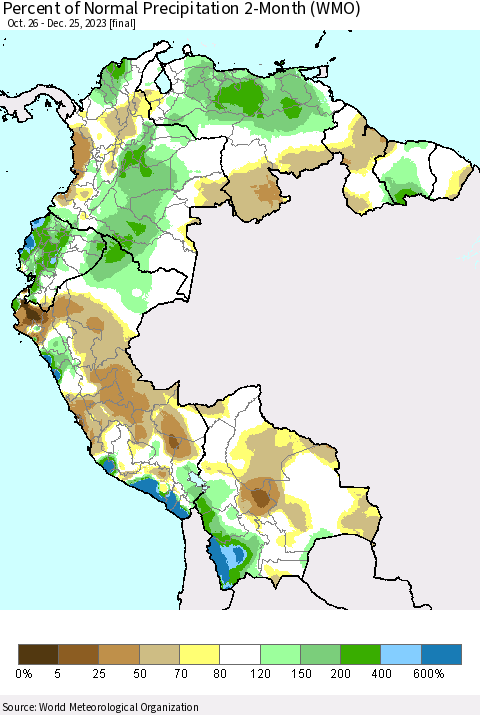 Northern South America Percent of Normal Precipitation 2-Month (WMO) Thematic Map For 10/26/2023 - 12/25/2023