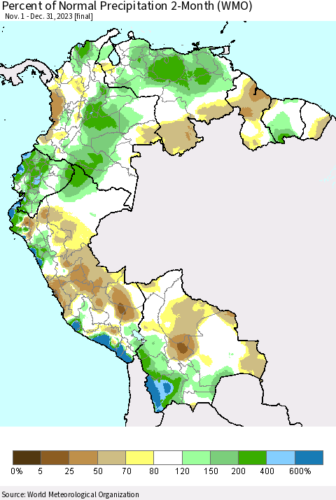 Northern South America Percent of Normal Precipitation 2-Month (WMO) Thematic Map For 11/1/2023 - 12/31/2023