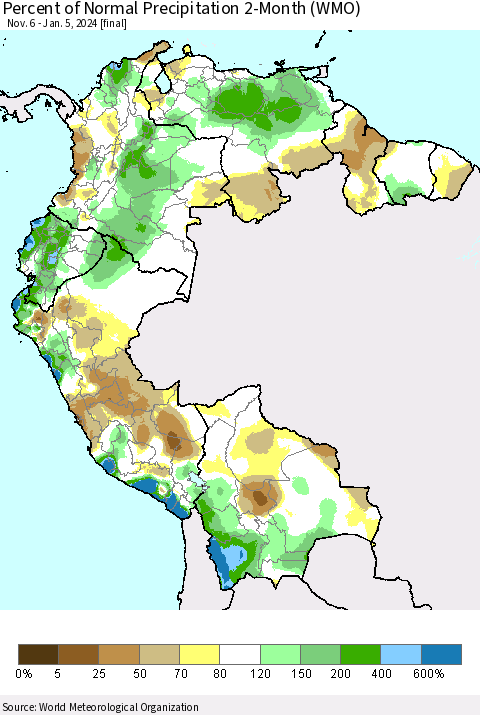 Northern South America Percent of Normal Precipitation 2-Month (WMO) Thematic Map For 11/6/2023 - 1/5/2024