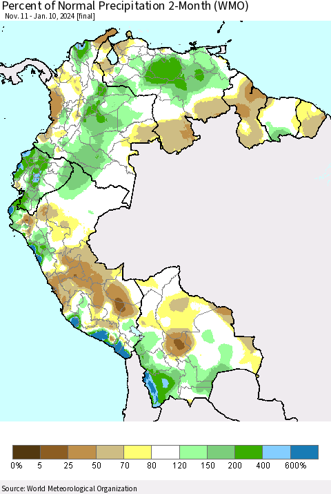 Northern South America Percent of Normal Precipitation 2-Month (WMO) Thematic Map For 11/11/2023 - 1/10/2024