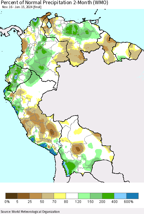 Northern South America Percent of Normal Precipitation 2-Month (WMO) Thematic Map For 11/16/2023 - 1/15/2024