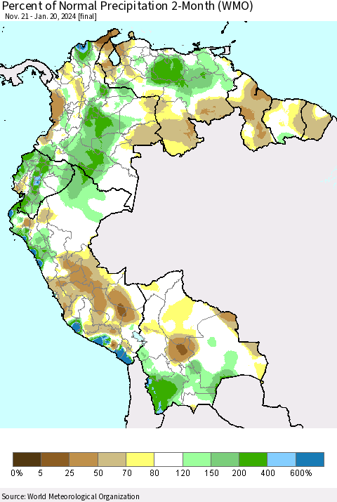 Northern South America Percent of Normal Precipitation 2-Month (WMO) Thematic Map For 11/21/2023 - 1/20/2024