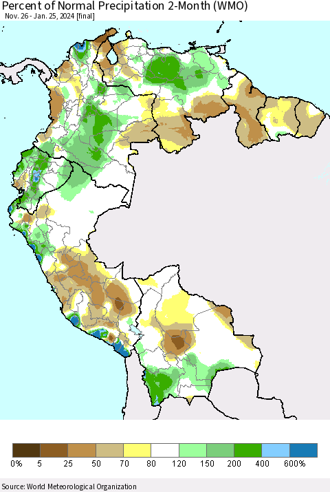 Northern South America Percent of Normal Precipitation 2-Month (WMO) Thematic Map For 11/26/2023 - 1/25/2024