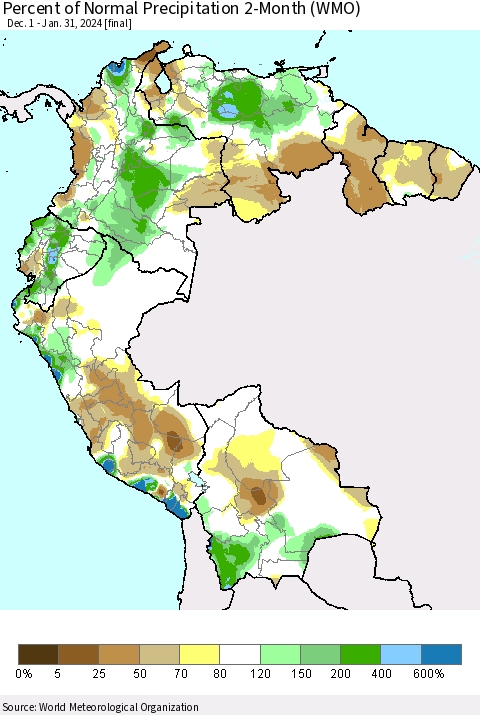 Northern South America Percent of Normal Precipitation 2-Month (WMO) Thematic Map For 12/1/2023 - 1/31/2024
