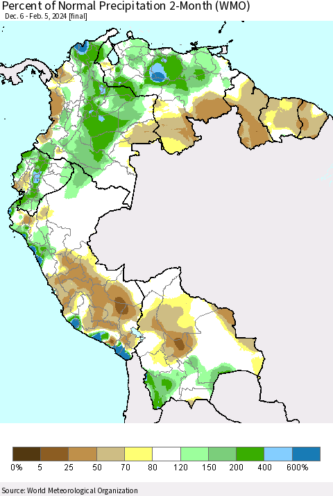 Northern South America Percent of Normal Precipitation 2-Month (WMO) Thematic Map For 12/6/2023 - 2/5/2024