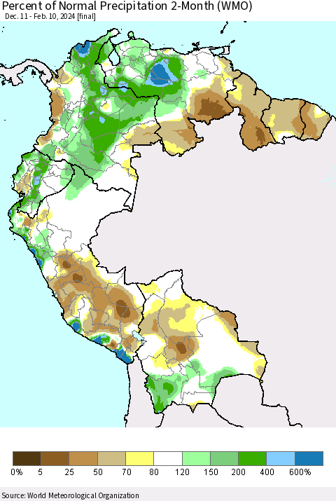 Northern South America Percent of Normal Precipitation 2-Month (WMO) Thematic Map For 12/11/2023 - 2/10/2024