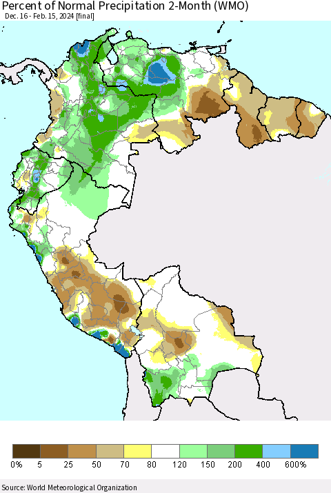 Northern South America Percent of Normal Precipitation 2-Month (WMO) Thematic Map For 12/16/2023 - 2/15/2024
