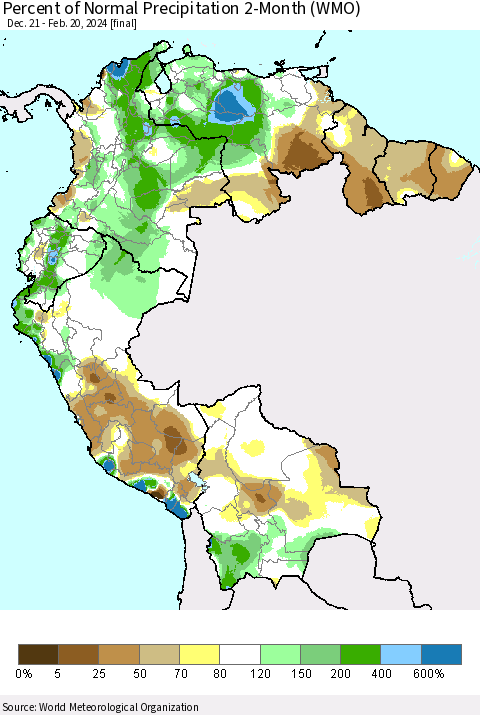 Northern South America Percent of Normal Precipitation 2-Month (WMO) Thematic Map For 12/21/2023 - 2/20/2024