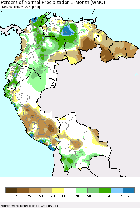 Northern South America Percent of Normal Precipitation 2-Month (WMO) Thematic Map For 12/26/2023 - 2/25/2024