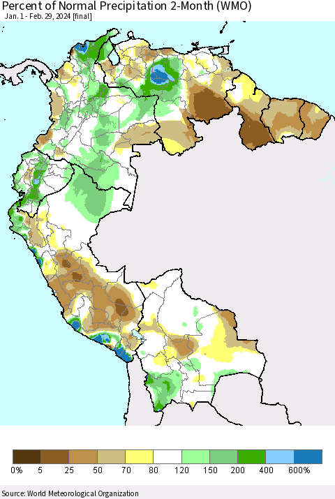 Northern South America Percent of Normal Precipitation 2-Month (WMO) Thematic Map For 1/1/2024 - 2/29/2024