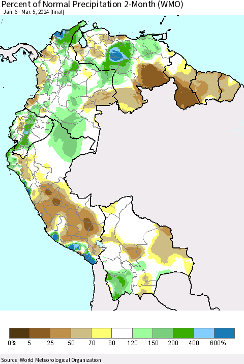 Northern South America Percent of Normal Precipitation 2-Month (WMO) Thematic Map For 1/6/2024 - 3/5/2024