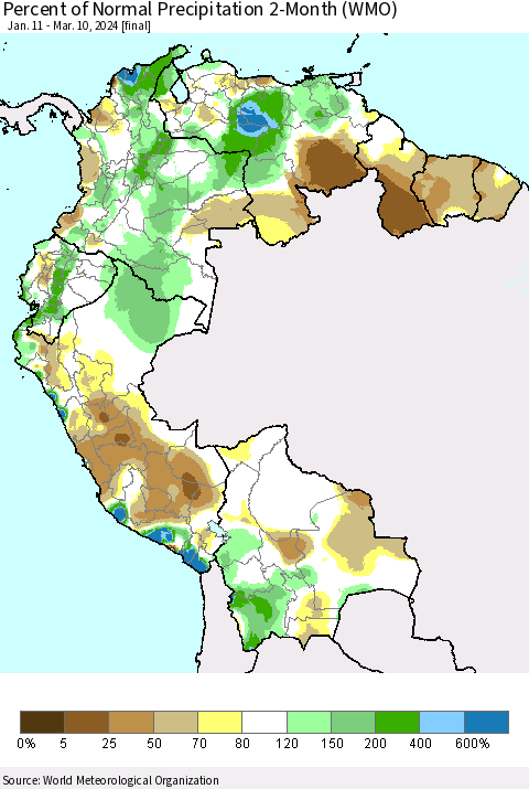 Northern South America Percent of Normal Precipitation 2-Month (WMO) Thematic Map For 1/11/2024 - 3/10/2024