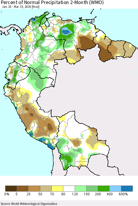 Northern South America Percent of Normal Precipitation 2-Month (WMO) Thematic Map For 1/16/2024 - 3/15/2024