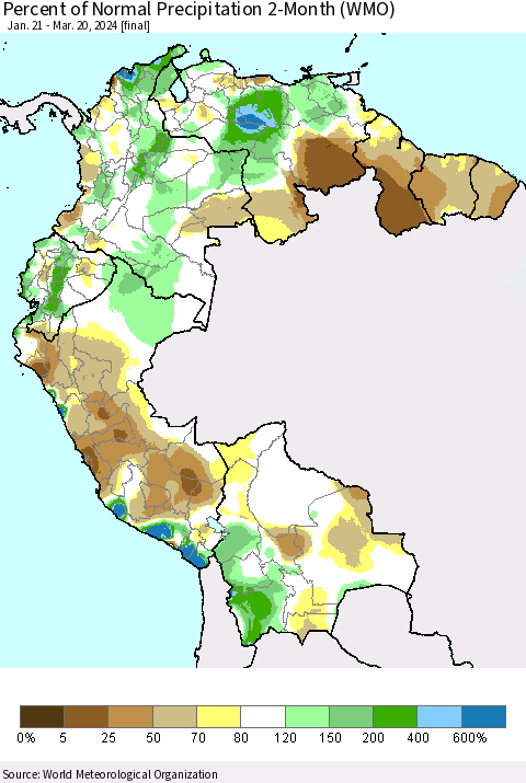 Northern South America Percent of Normal Precipitation 2-Month (WMO) Thematic Map For 1/21/2024 - 3/20/2024