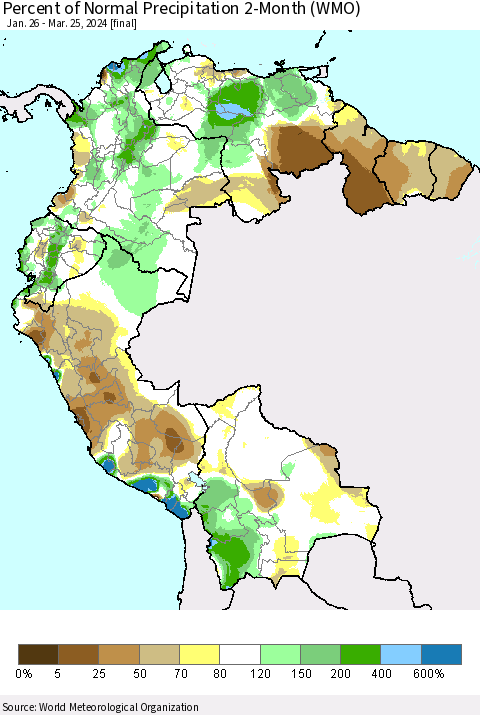 Northern South America Percent of Normal Precipitation 2-Month (WMO) Thematic Map For 1/26/2024 - 3/25/2024