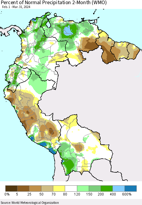 Northern South America Percent of Normal Precipitation 2-Month (WMO) Thematic Map For 2/1/2024 - 3/31/2024