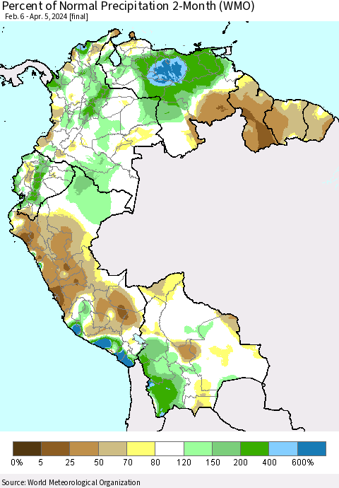 Northern South America Percent of Normal Precipitation 2-Month (WMO) Thematic Map For 2/6/2024 - 4/5/2024
