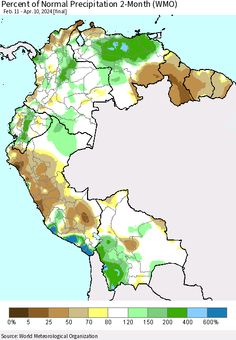 Northern South America Percent of Normal Precipitation 2-Month (WMO) Thematic Map For 2/11/2024 - 4/10/2024