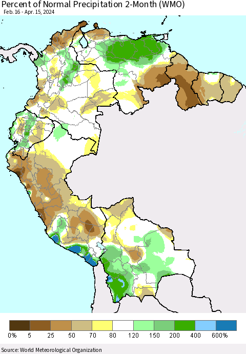 Northern South America Percent of Normal Precipitation 2-Month (WMO) Thematic Map For 2/16/2024 - 4/15/2024