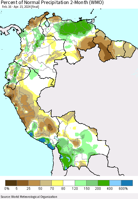 Northern South America Percent of Normal Precipitation 2-Month (WMO) Thematic Map For 2/16/2024 - 4/15/2024